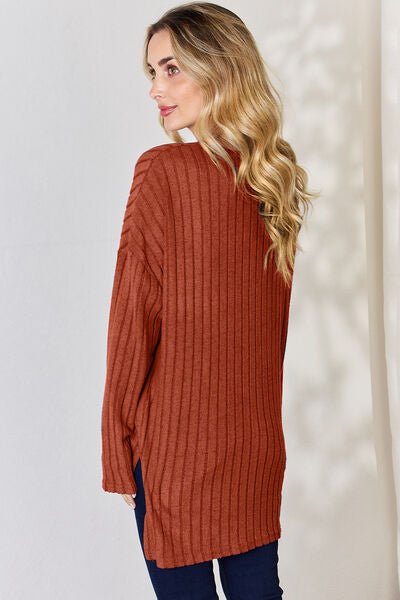 Full Size Ribbed Half Button Long Sleeve High-Low T-Shirt