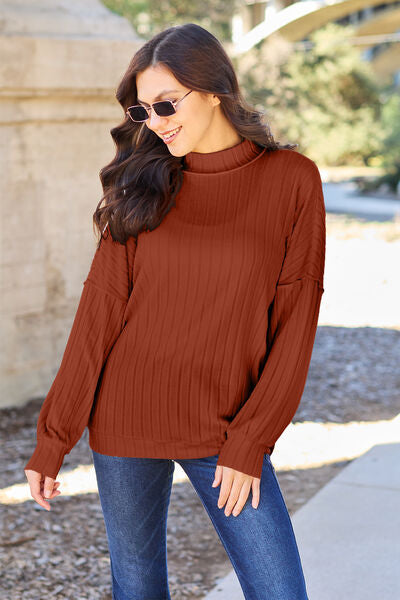 Full Size Ribbed Exposed Seam Mock Neck Knit Top