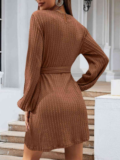 Round Neck Tie Front Long Sleeve Sweater Dress