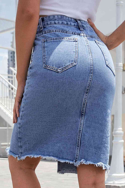 Buttoned Slit Denim Skirt