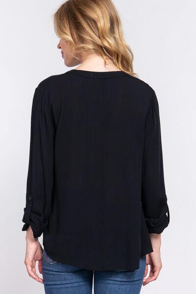 Full Size Notched Long Sleeve Woven Top