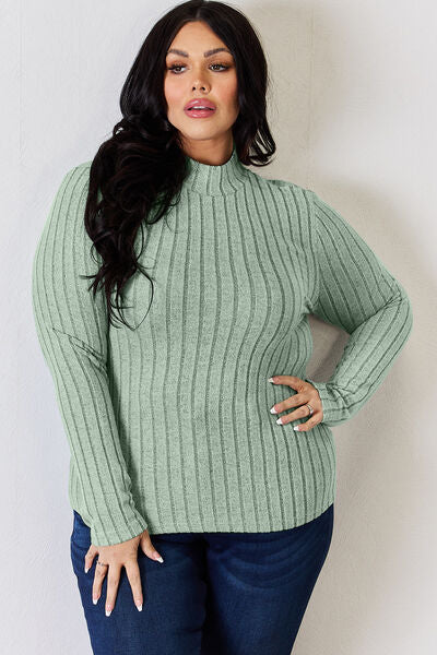 Full Size Ribbed Mock Neck Long Sleeve T-Shirt