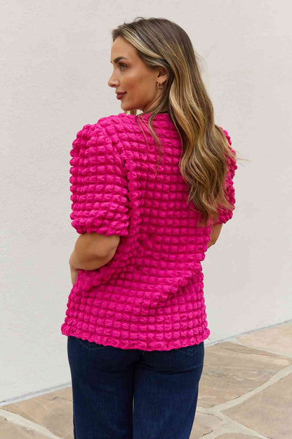 Full Size Bubble Textured Puff Sleeve Top