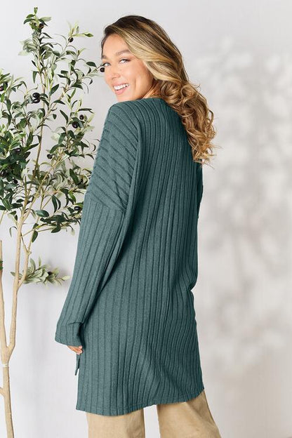 Full Size Ribbed Round Neck Long Sleeve Slit Top