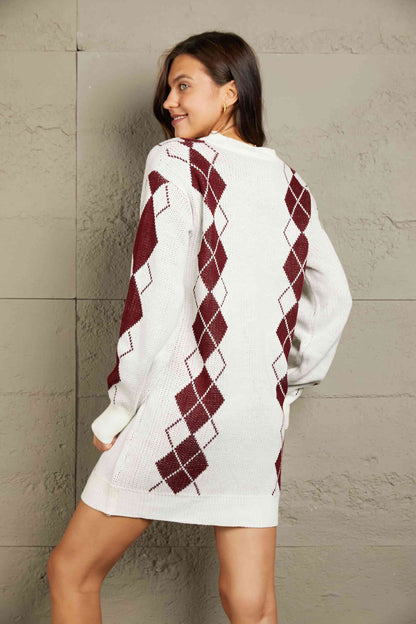 Argyle V-Neck Ribbed Trim Sweater Dress