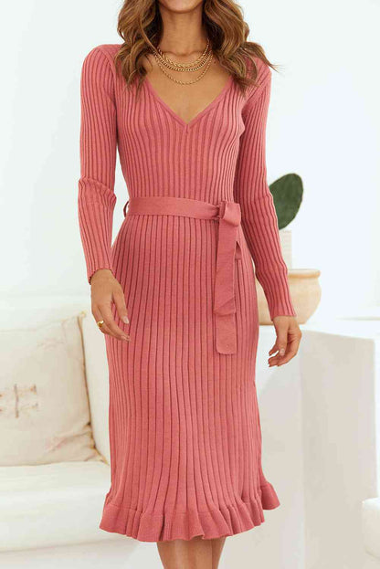 Ribbed V-Neck Tie Waist Pencil Sweater Dress