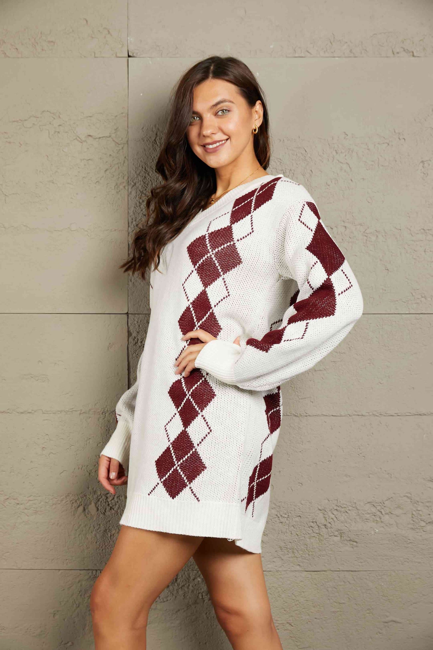 Argyle V-Neck Ribbed Trim Sweater Dress