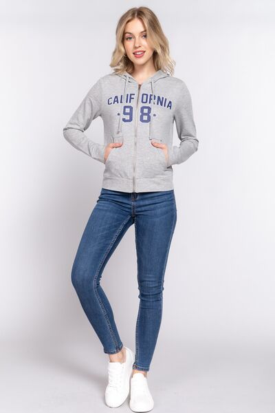 Zip Up Drawstring Long Sleeve Hoodie