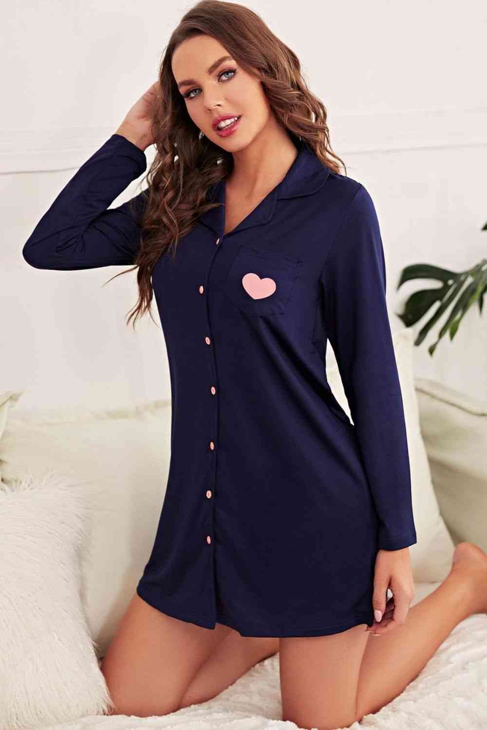 Lapel Collar Night Shirt Dress