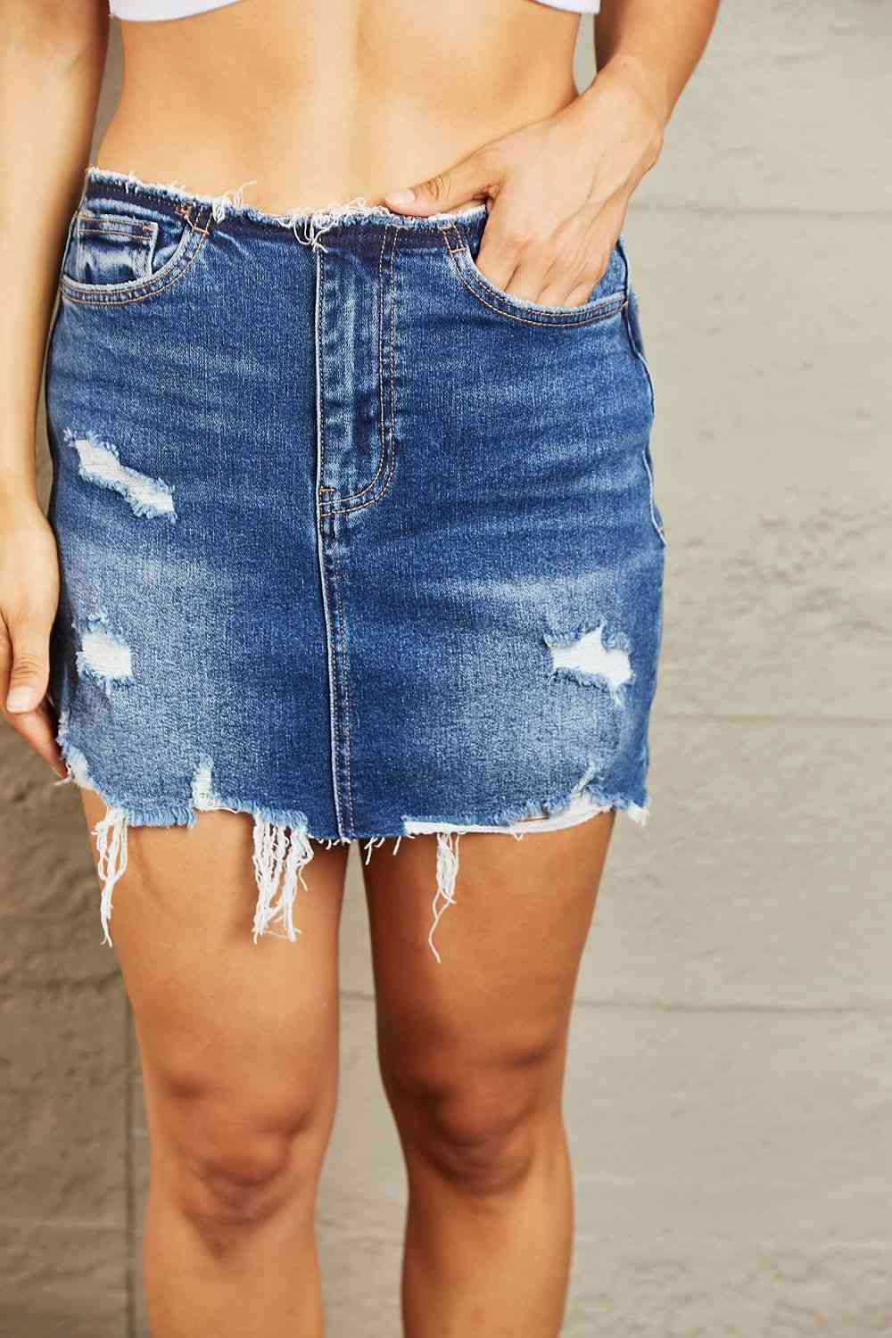 High Waisted Distressed Mini Skirt