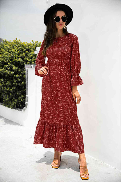 Printed Puff Sleeve Ruffle Maxi Dress