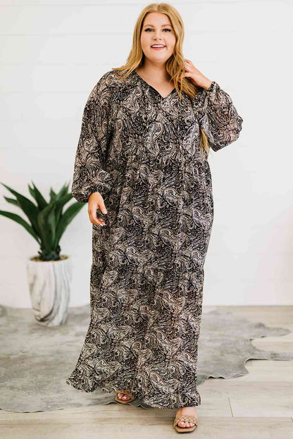 Plus Size Paisley Print Balloon Sleeve Maxi Dress