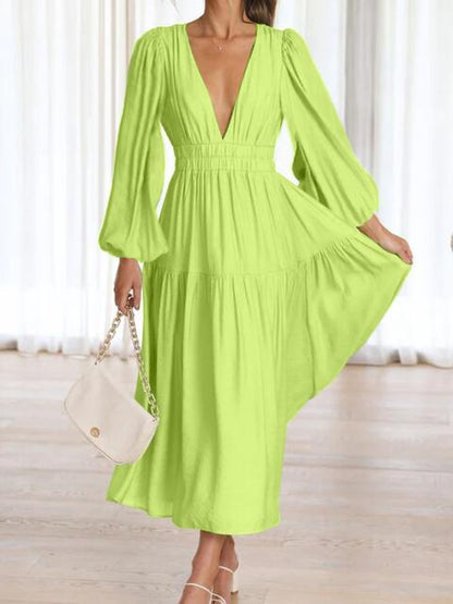 Deep V-Neck Balloon Sleeve Plain Maxi Dress