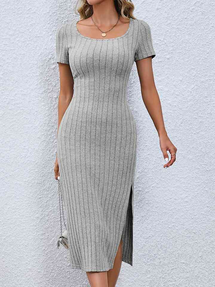 Short Sleeve Slit Midi Sweater Dress