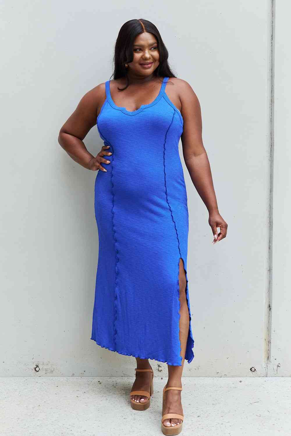 Full Size Notch Neck Maxi Dress with Slit in Cobalt Blue