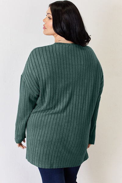 Full Size Ribbed Half Button Long Sleeve High-Low T-Shirt