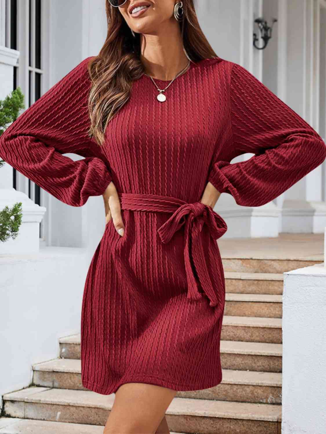 Round Neck Tie Front Long Sleeve Sweater Dress