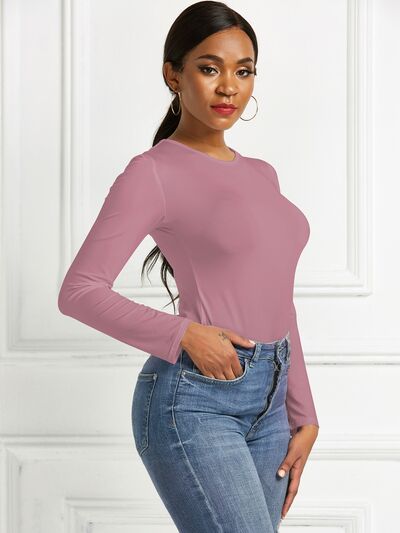 Round Neck Long Sleeve Stretchy Bodysuit