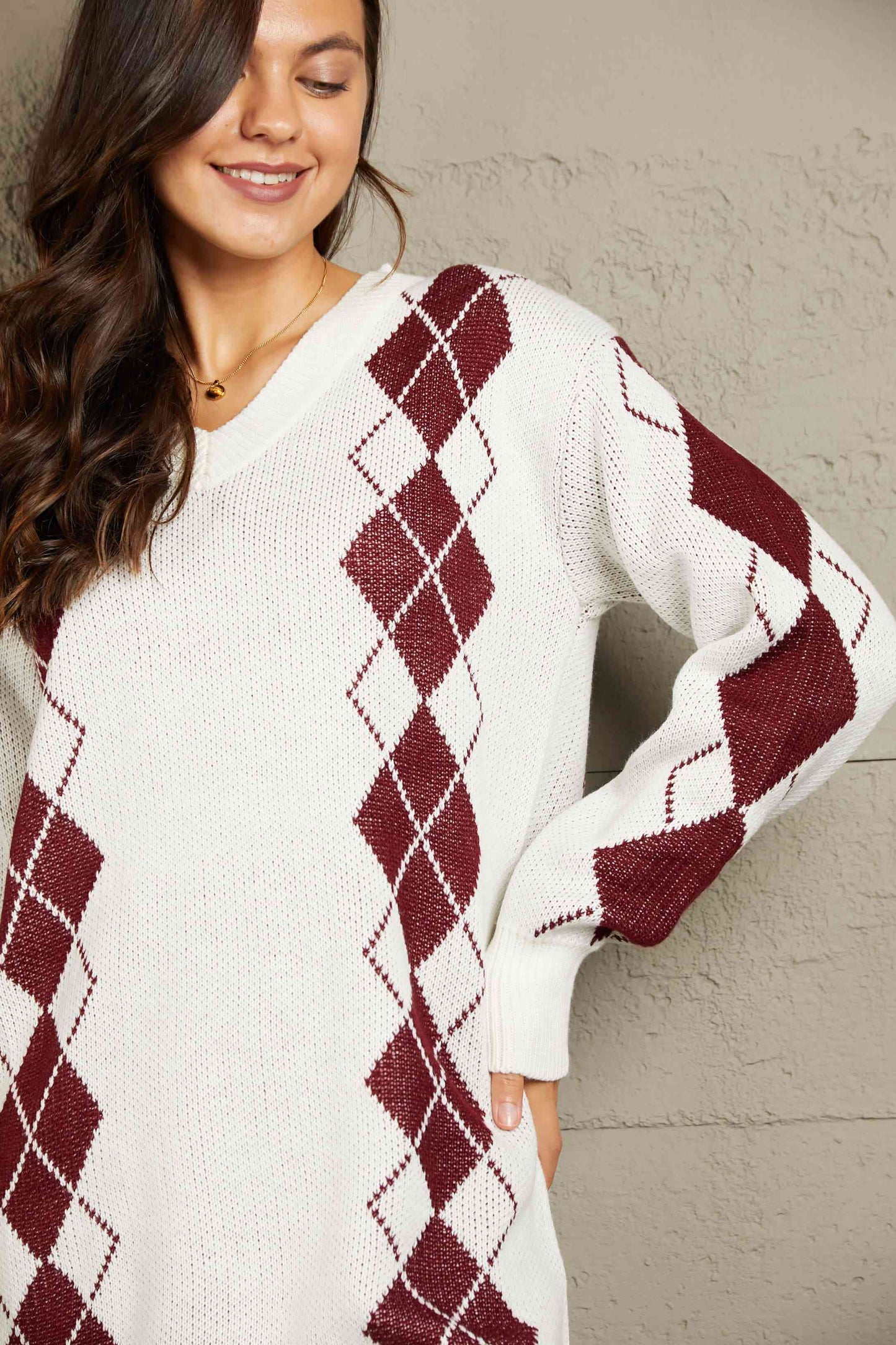 Argyle V-Neck Ribbed Trim Sweater Dress