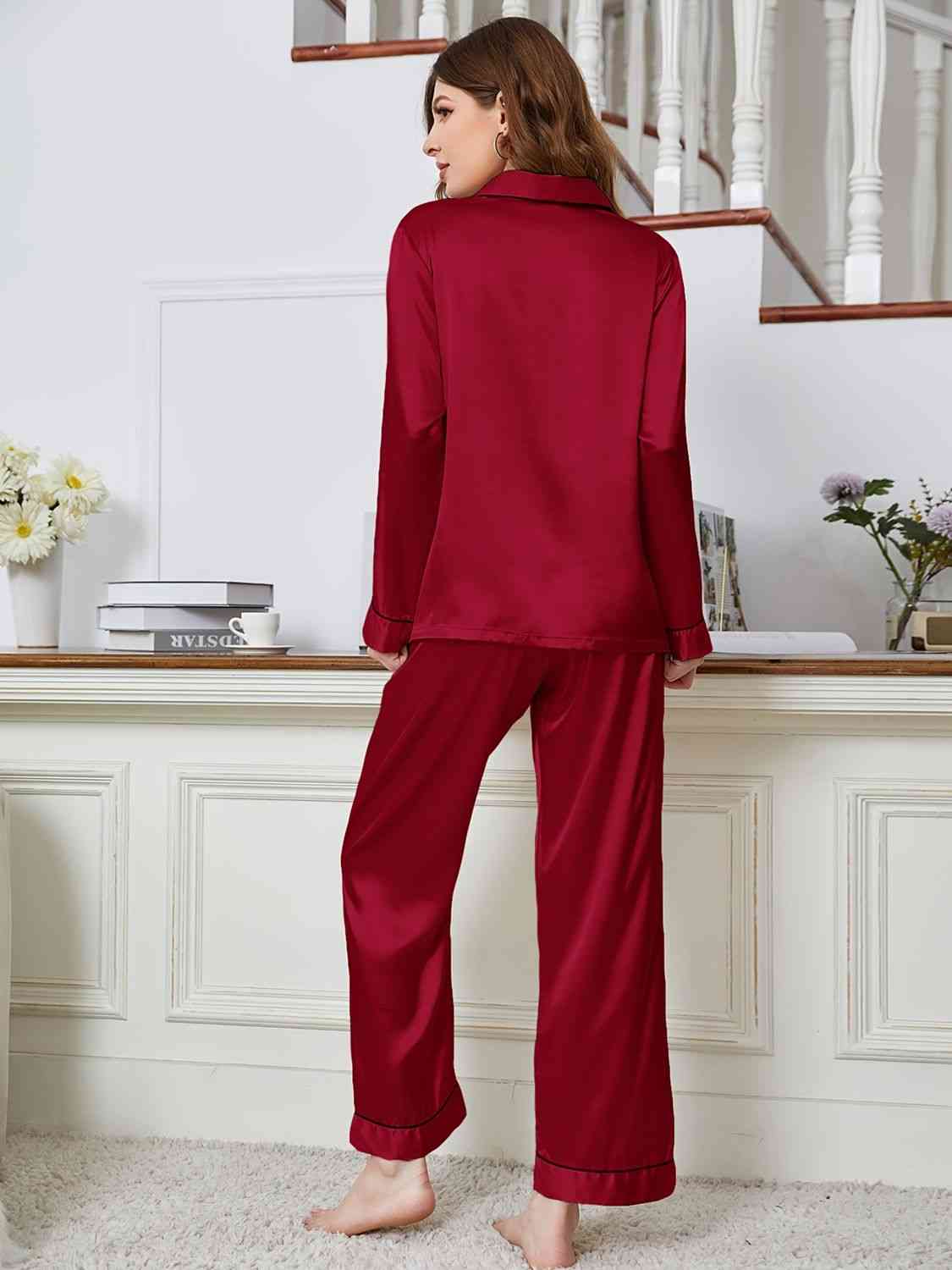 Lapel Collar Long Sleeve Top and Pants Pajama Set