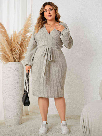 Plus Size Tie Waist Wrap Sweater Dress