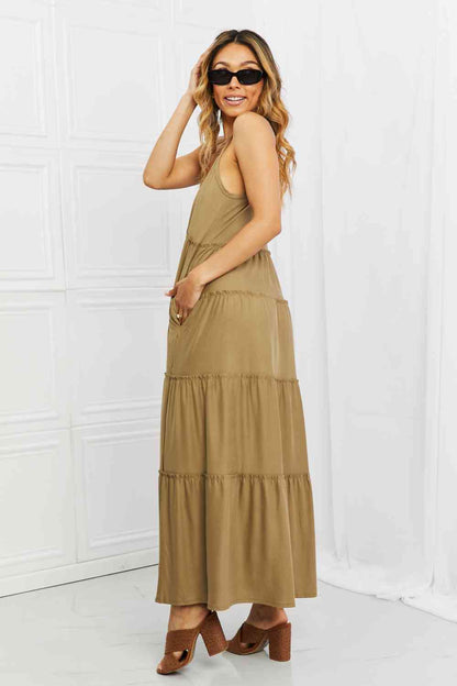 Full Size Spaghetti Strap Tiered Dress with Pockets in Khaki