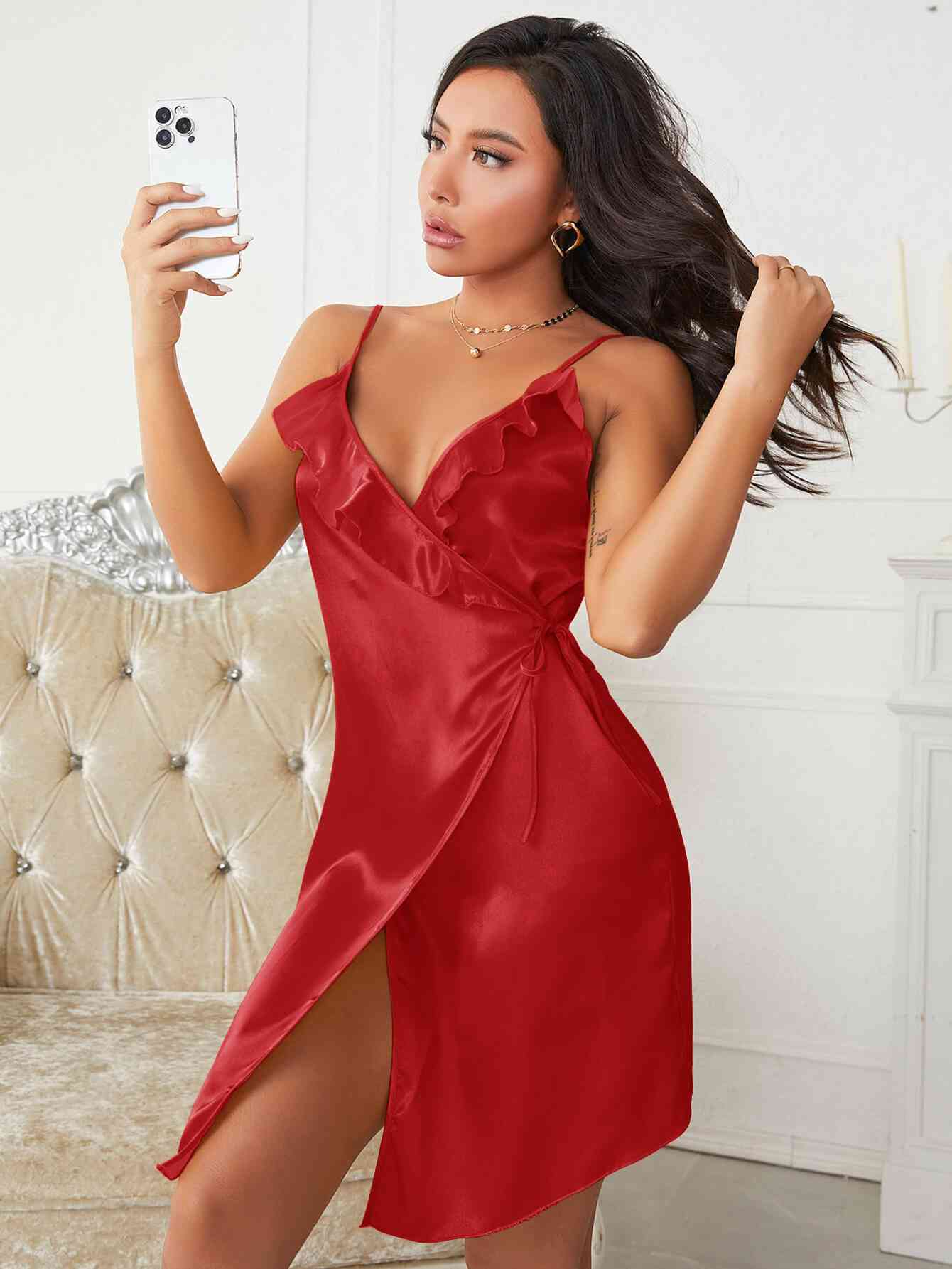 Satin Ruffled Spaghetti Strap Wrap Night Dress