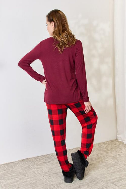 Full Size Plaid Round Neck Top and Pants Pajama Set