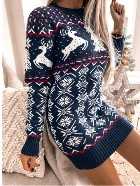 Reindeer & Snowflake Round Neck Sweater Dress