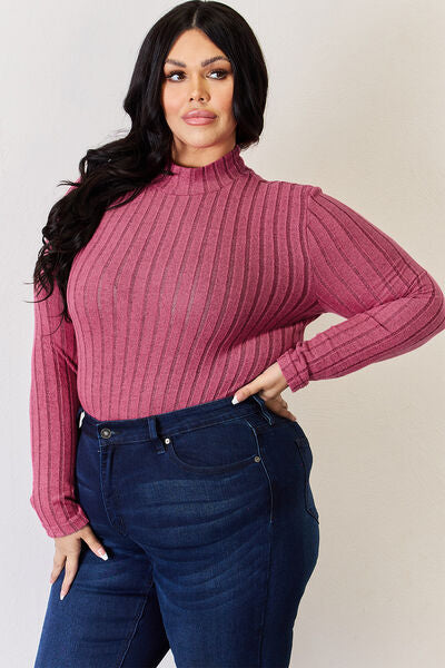 Full Size Ribbed Mock Neck Long Sleeve T-Shirt