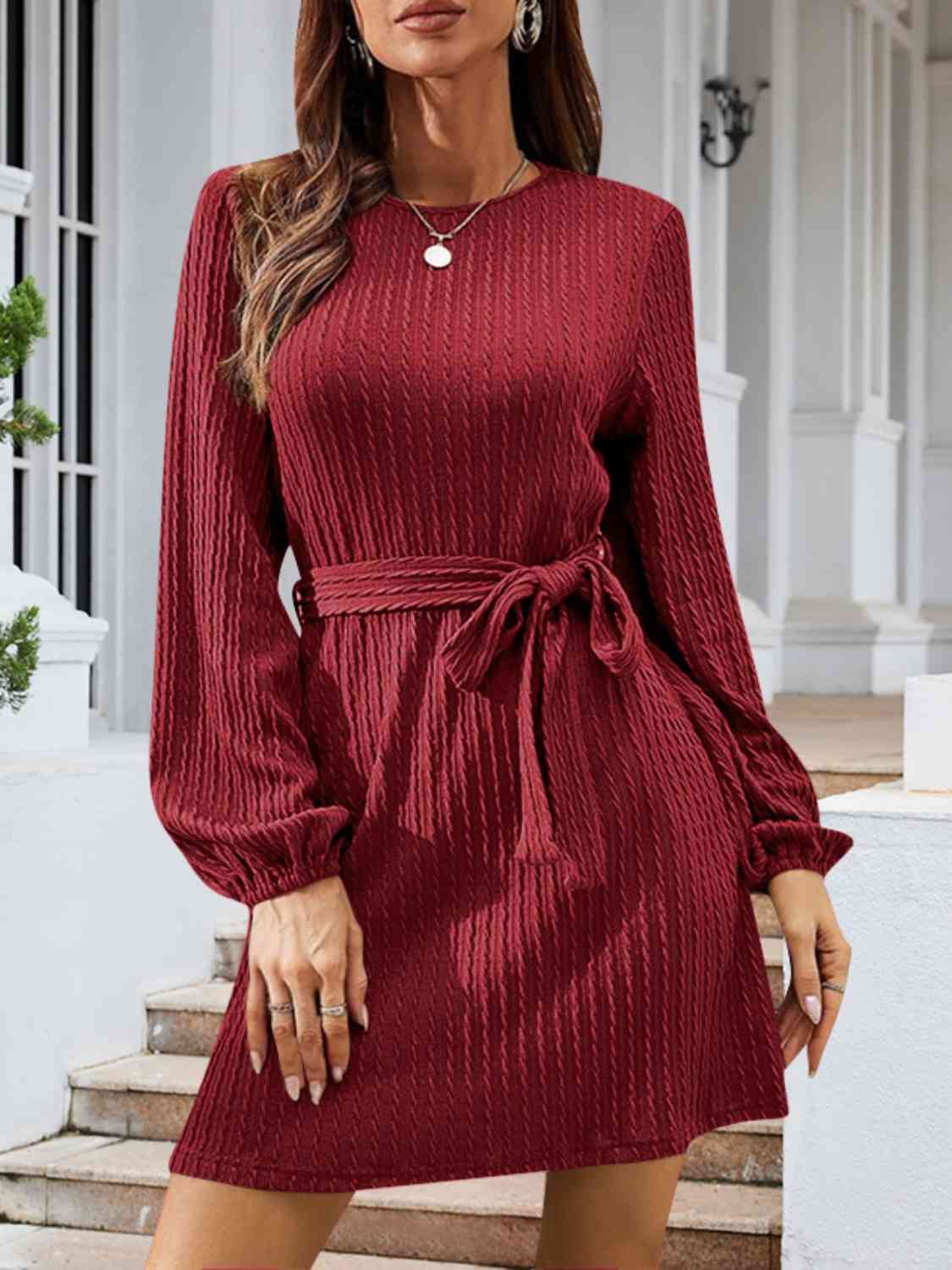 Round Neck Tie Front Long Sleeve Sweater Dress