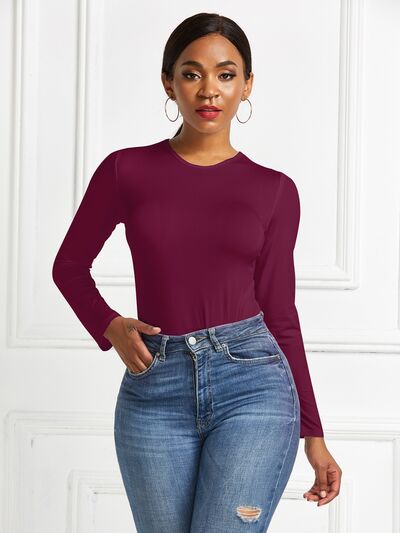 Round Neck Long Sleeve Stretchy Bodysuit