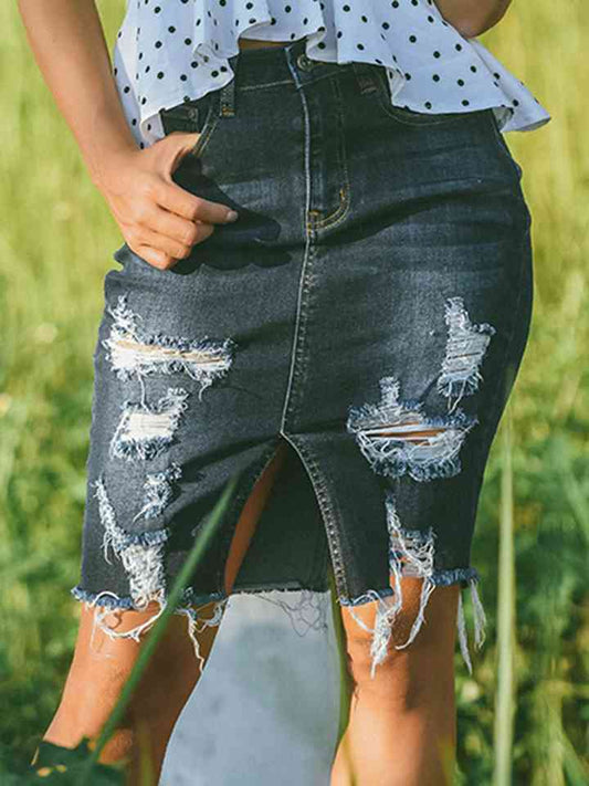 Full Size Distressed Slit Denim Skirt