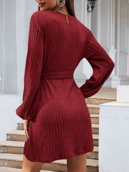 Round Neck Tie Front Long Sleeve Sweater Dress