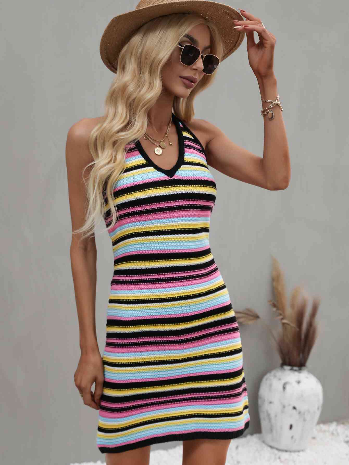 Striped Halter Neck Mini Sweater Dress