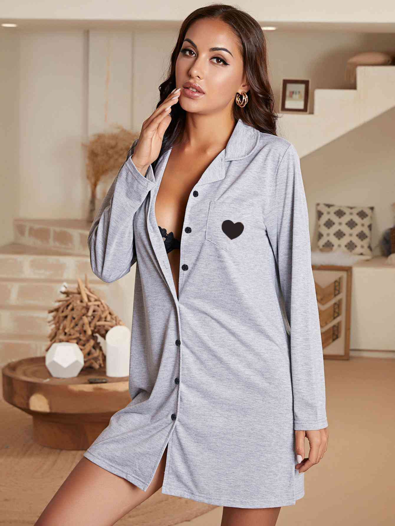 Lapel Collar Long Sleeve Night Dress