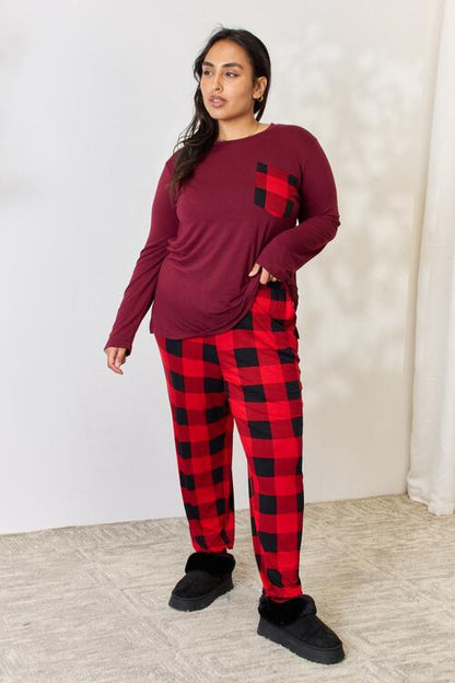 Full Size Plaid Round Neck Top and Pants Pajama Set