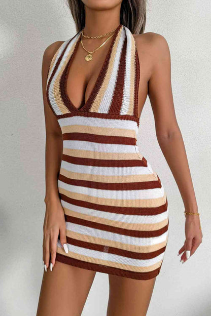 Striped Halter Neck Backless Knit Mini Sweater Dress