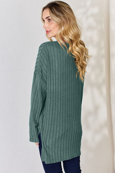 Full Size Ribbed Half Button Long Sleeve High-Low T-Shirt