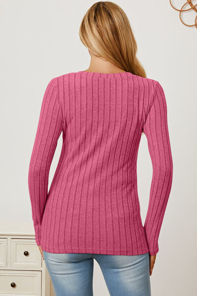 Full Size Ribbed V-Neck Long Sleeve T-Shirt