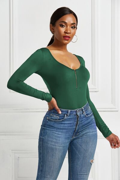 Half Zip Scoop Neck Long Sleeve Bodysuit