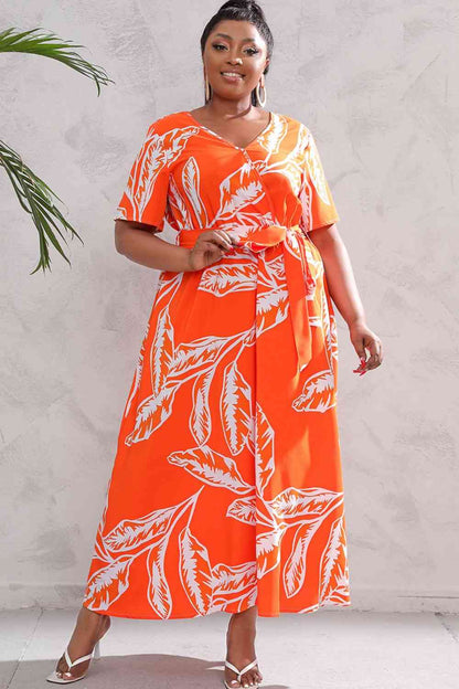 Plus Size Printed Surplice Short Sleeve Maxi Dress