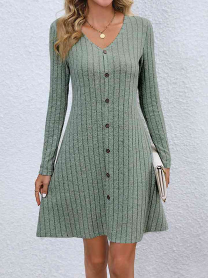 V-Neck Long Sleeve Mini Sweater Dress