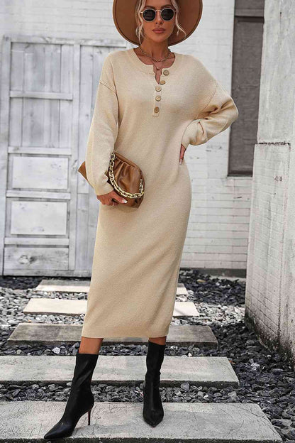 Notched Neck Dropped Shoulder Button-Down Midi Sweater Dress