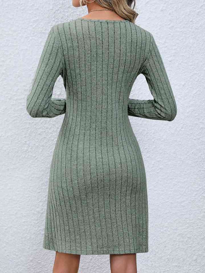 V-Neck Long Sleeve Mini Sweater Dress