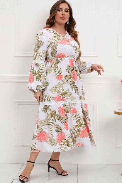 Plus Size Spliced Lace Surplice Balloon Sleeve Maxi Dress