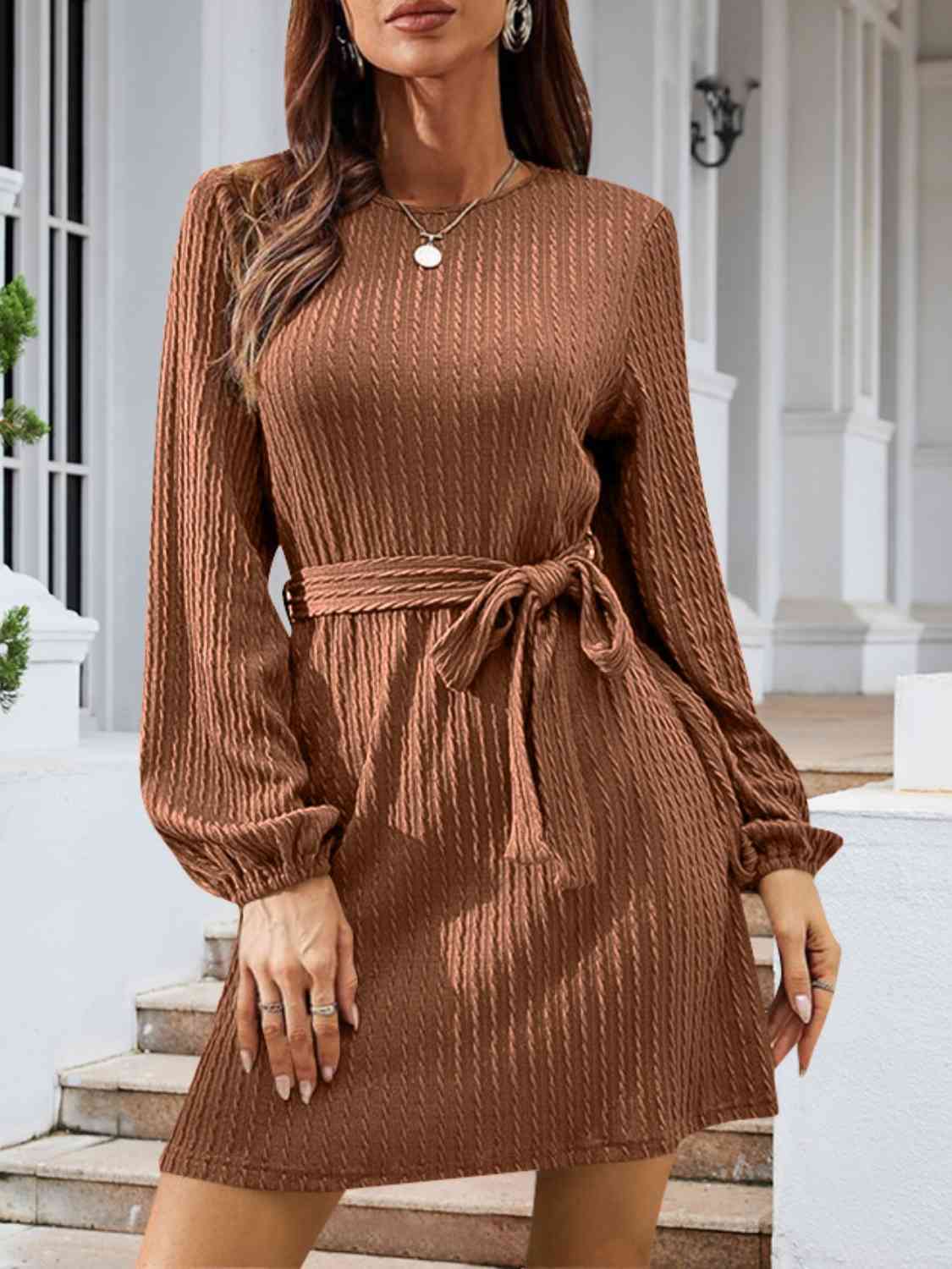 Round Neck Tie Front Long Sleeve Sweater Dress