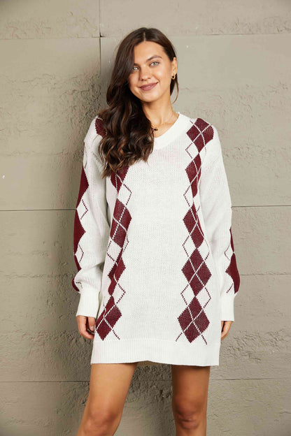 Argyle V-Neck Ribbed Trim Sweater Dress