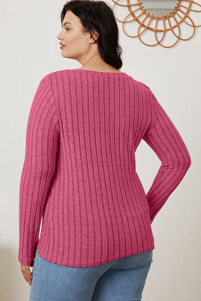 Full Size Ribbed V-Neck Long Sleeve T-Shirt