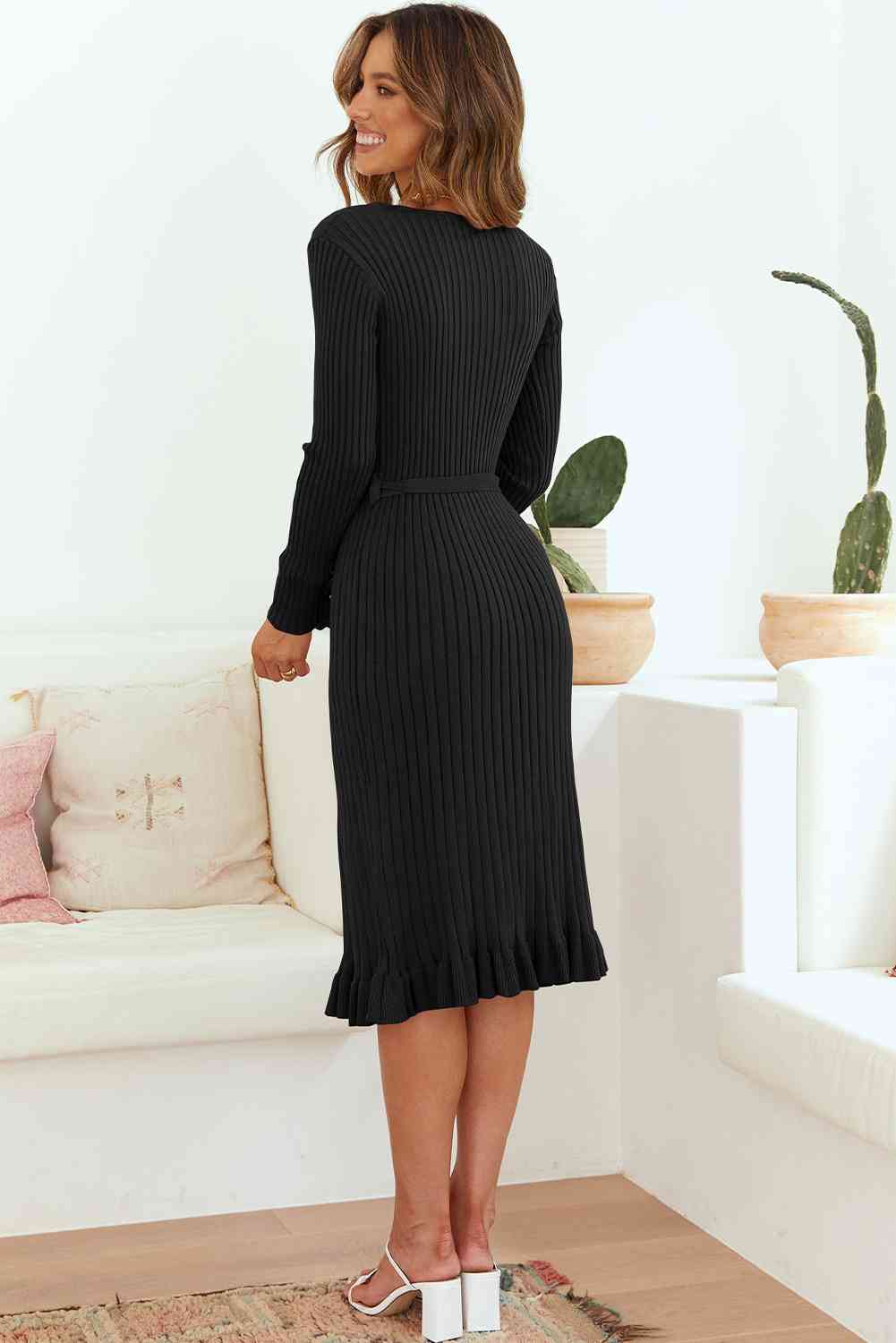 Ribbed V-Neck Tie Waist Pencil Sweater Dress